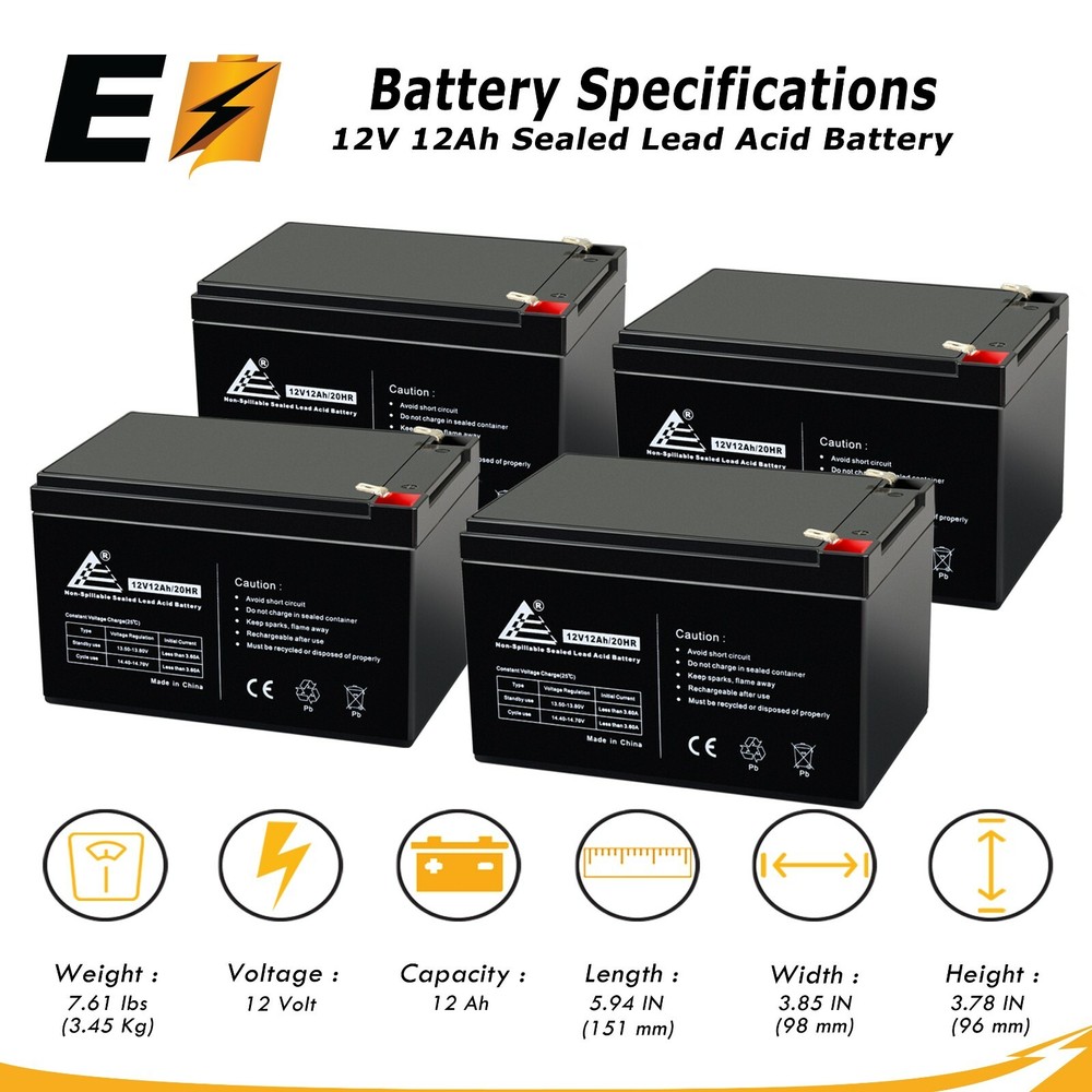 4 Pack: 12V 12AH SLA Battery Replacement for Freerider FR168-3A3