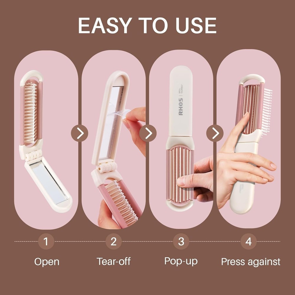 Elegant Beige Folding Brush with Mirror - Dual Function for Quick Touch-Ups