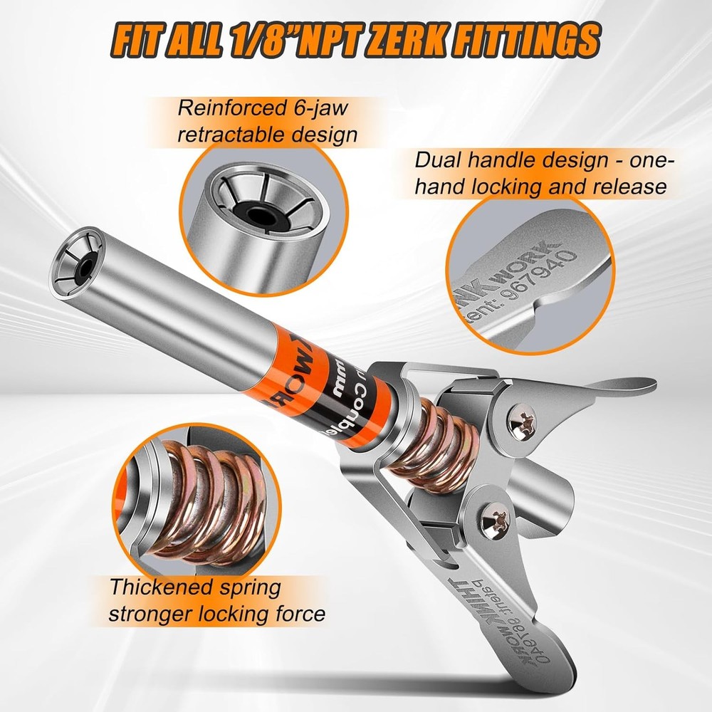 THINKWORK Grease Gun Coupler Set, Double Handle Extra Reach Strong Lock on Greas