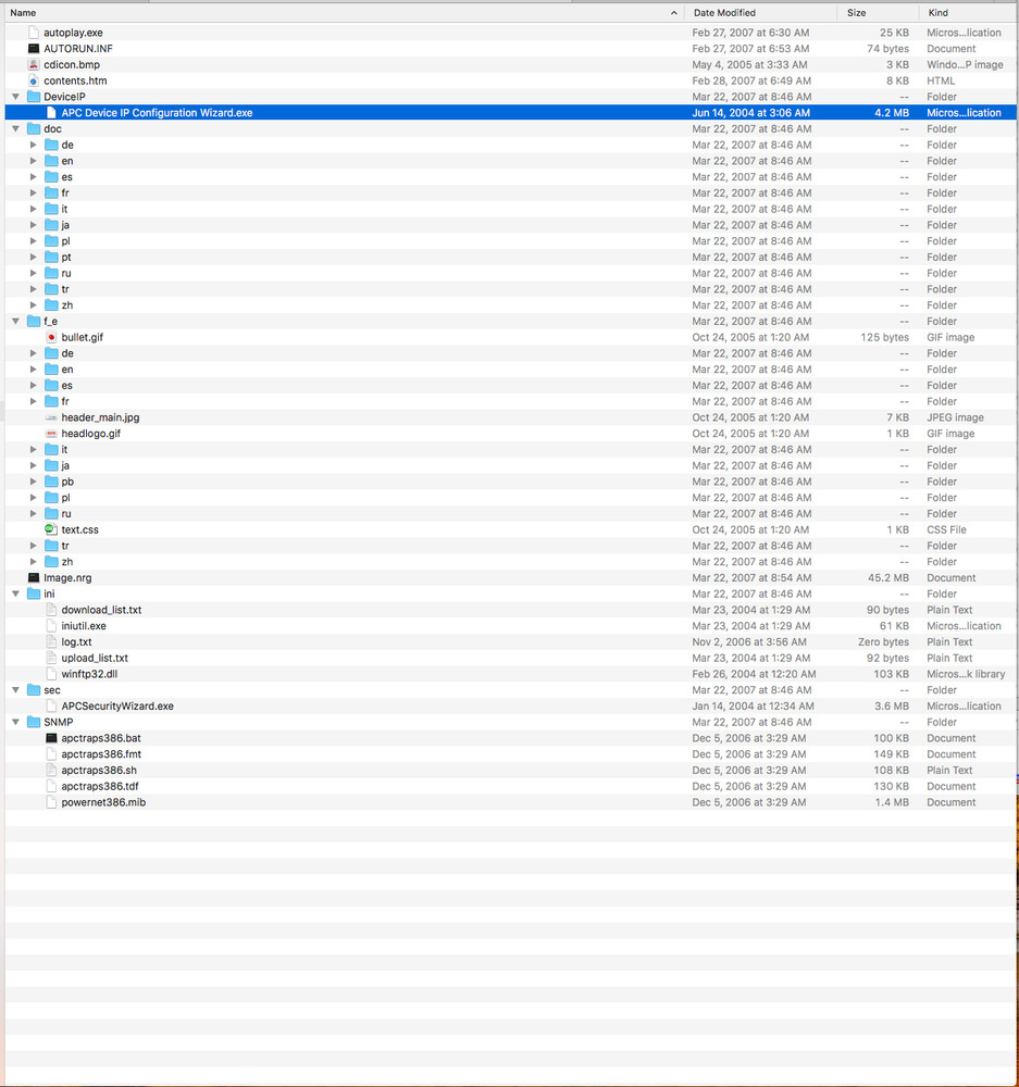 APC Utility Software CD, PowerNet MIB, Device IP, Security, ini File, Docs.