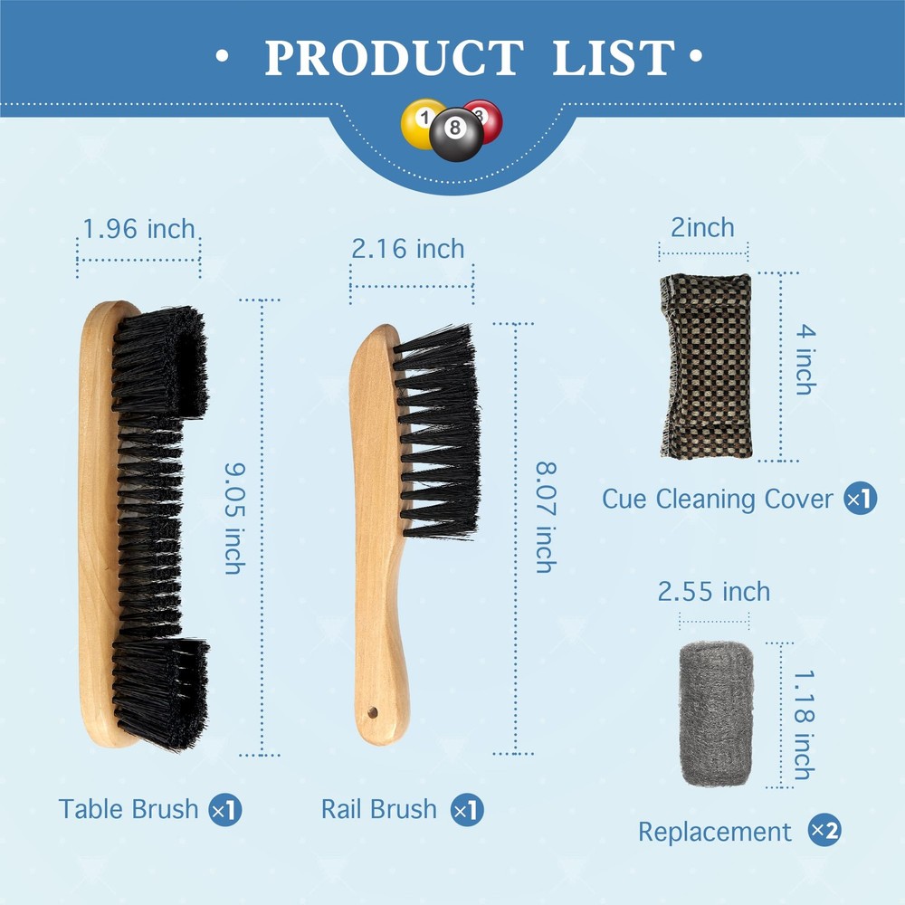 Pool Table Brush Set for Felt, 5 Kit Billiard Table and Rail Cleaning Accessorie