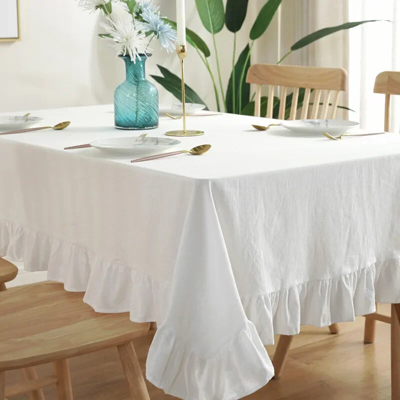 White Rectangular Tablecloth with Ruffles Plain Tablecloth Dining Table Cover