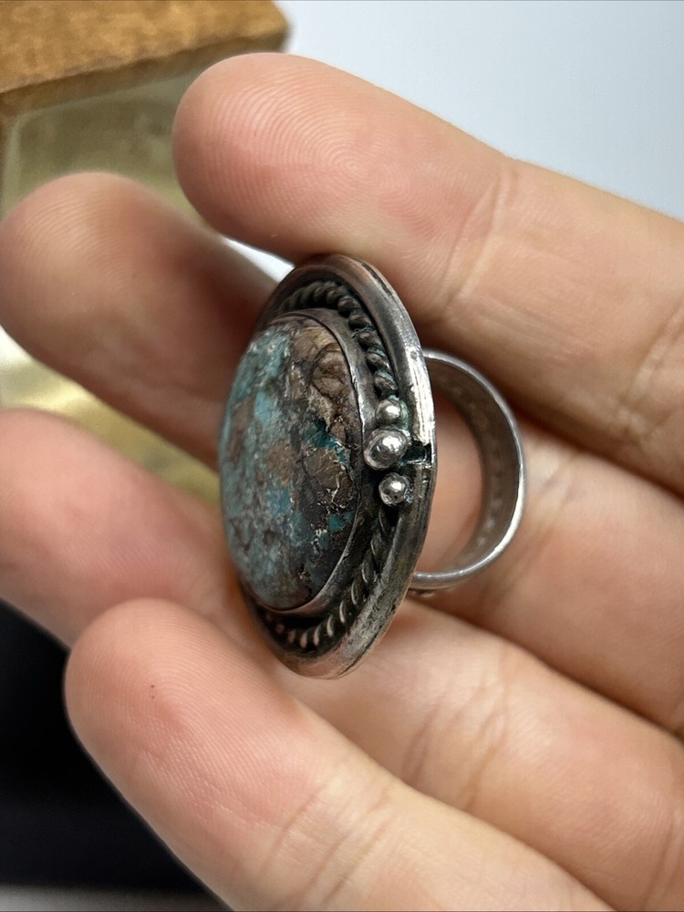 Large Native American Sterling Silver & Turquoise Twisted Cable Circle Ring
