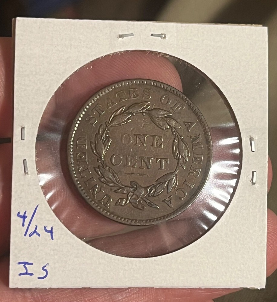 1837 large cent, plain cord, medium letters reverse, Die crack obverse. XF