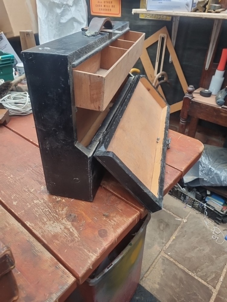 Wooden carpenters toolbox leather handle