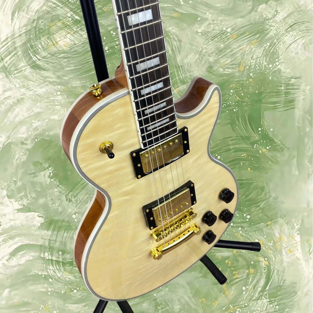 Electric Guitar Natural Wood Finish Rectangular Inlay Fixed Bridge 6-String