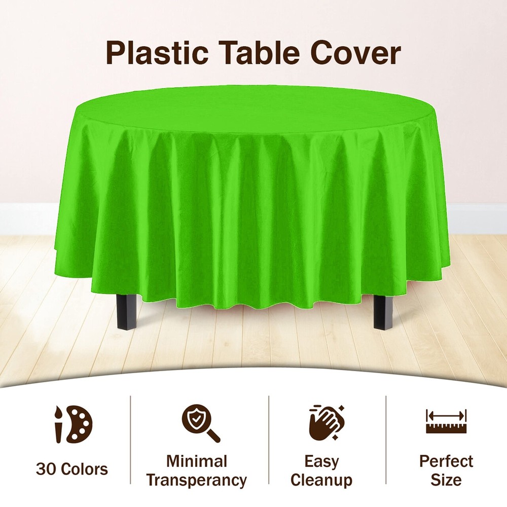 4-Pack Lime Green Plastic Table Cloth - 84-Inch Round - Disposable Tablecloth...