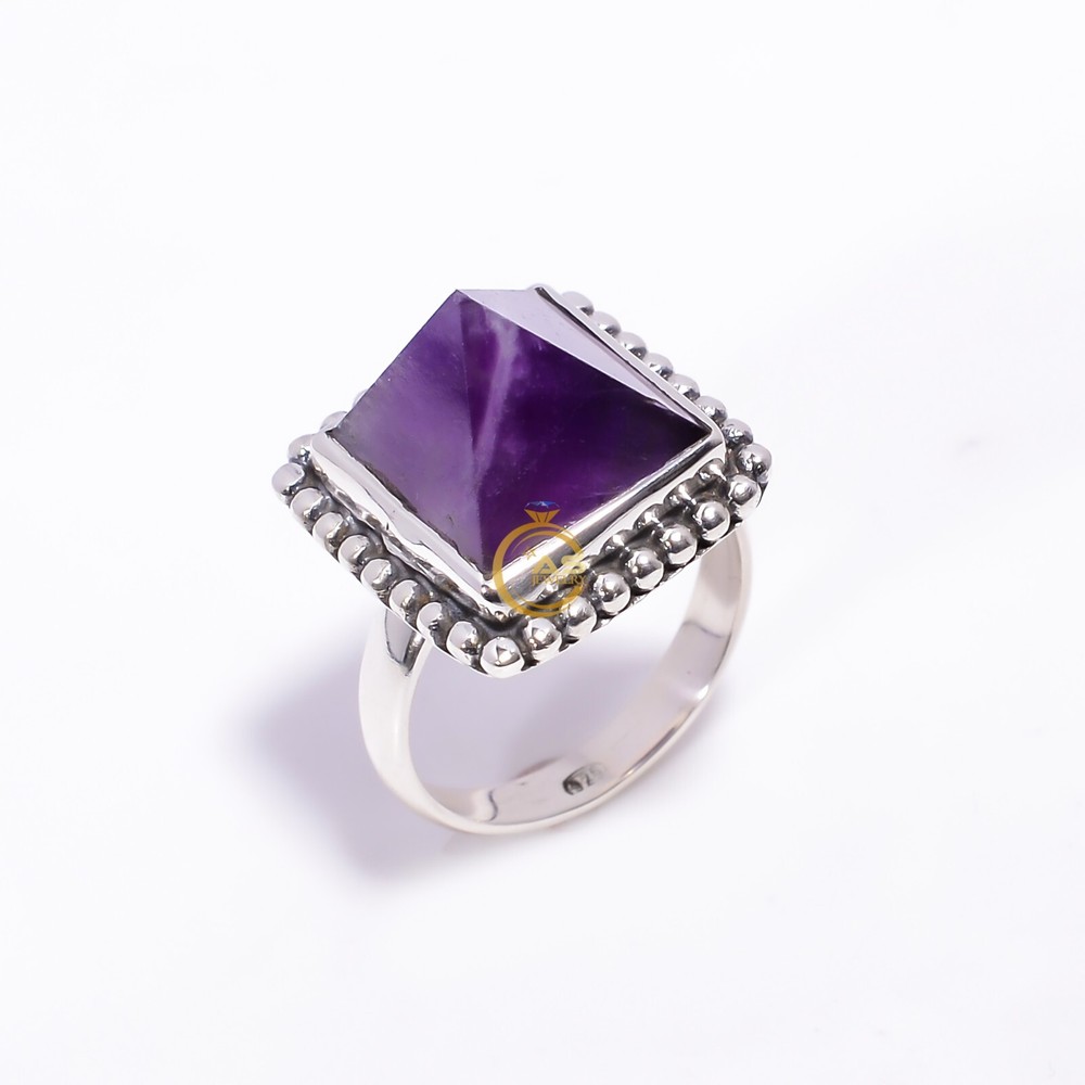 Pyramid Amethyst Gemstone 925 Solid Sterling Silver Handmade Ring All Size
