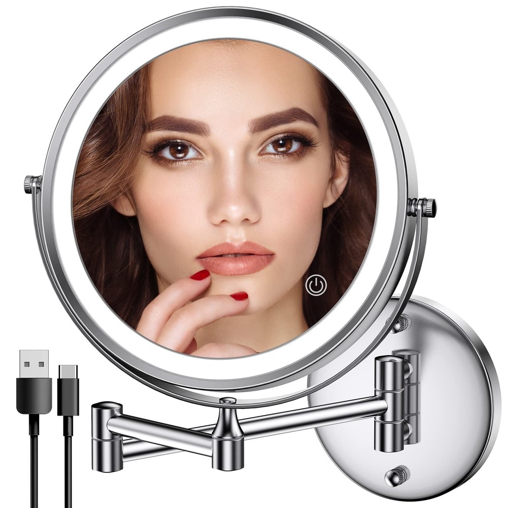 Rechargeable Wall Mounted Lighted Makeup Mirror Chrome, 8 Inch Double-Sided L...