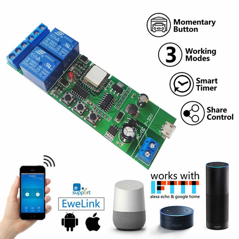 EWelink WiFi Inching Relay Momentary Self-Locking Interlock Switch Module ST-DC2