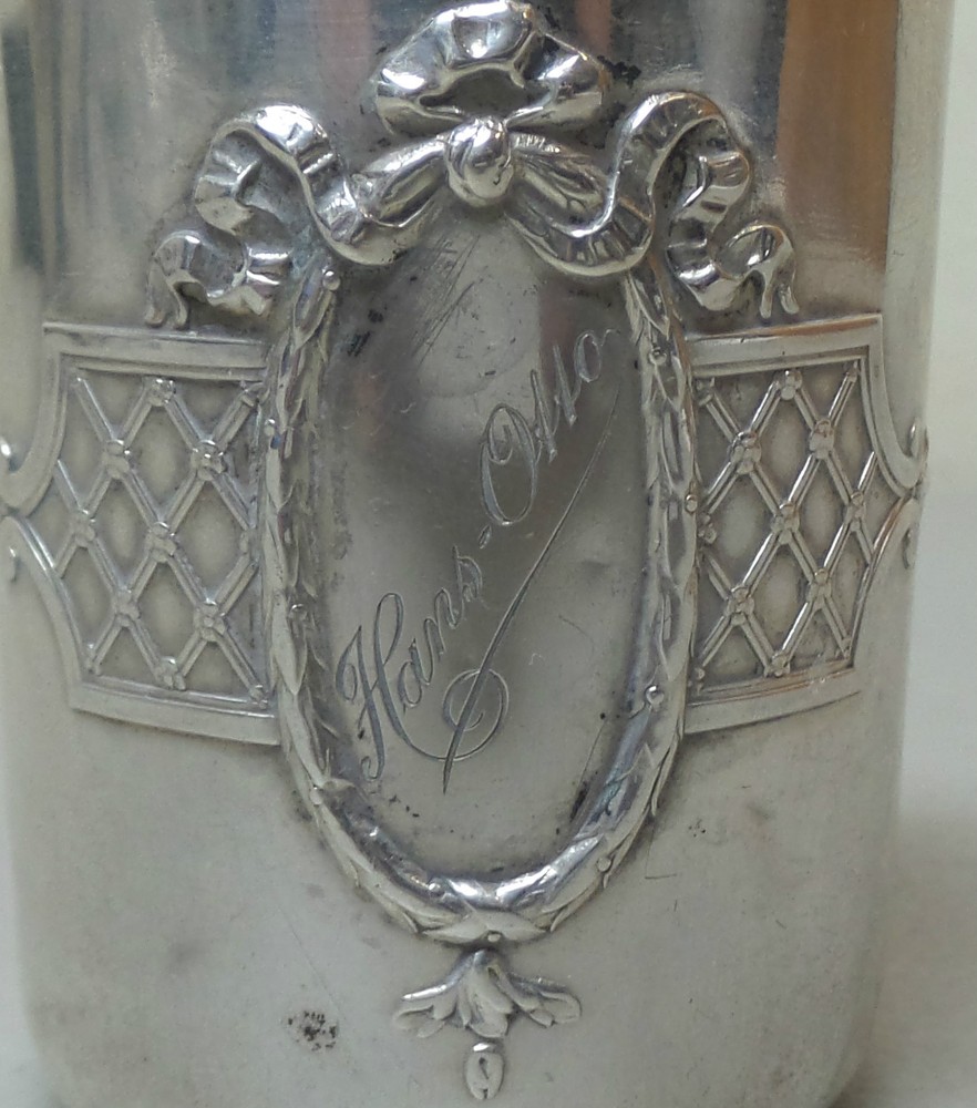 ANTIQUE GERMAN .800 SILVER EMBOSSED DECORATED & ENGRAVED BEAKER, 55 grams