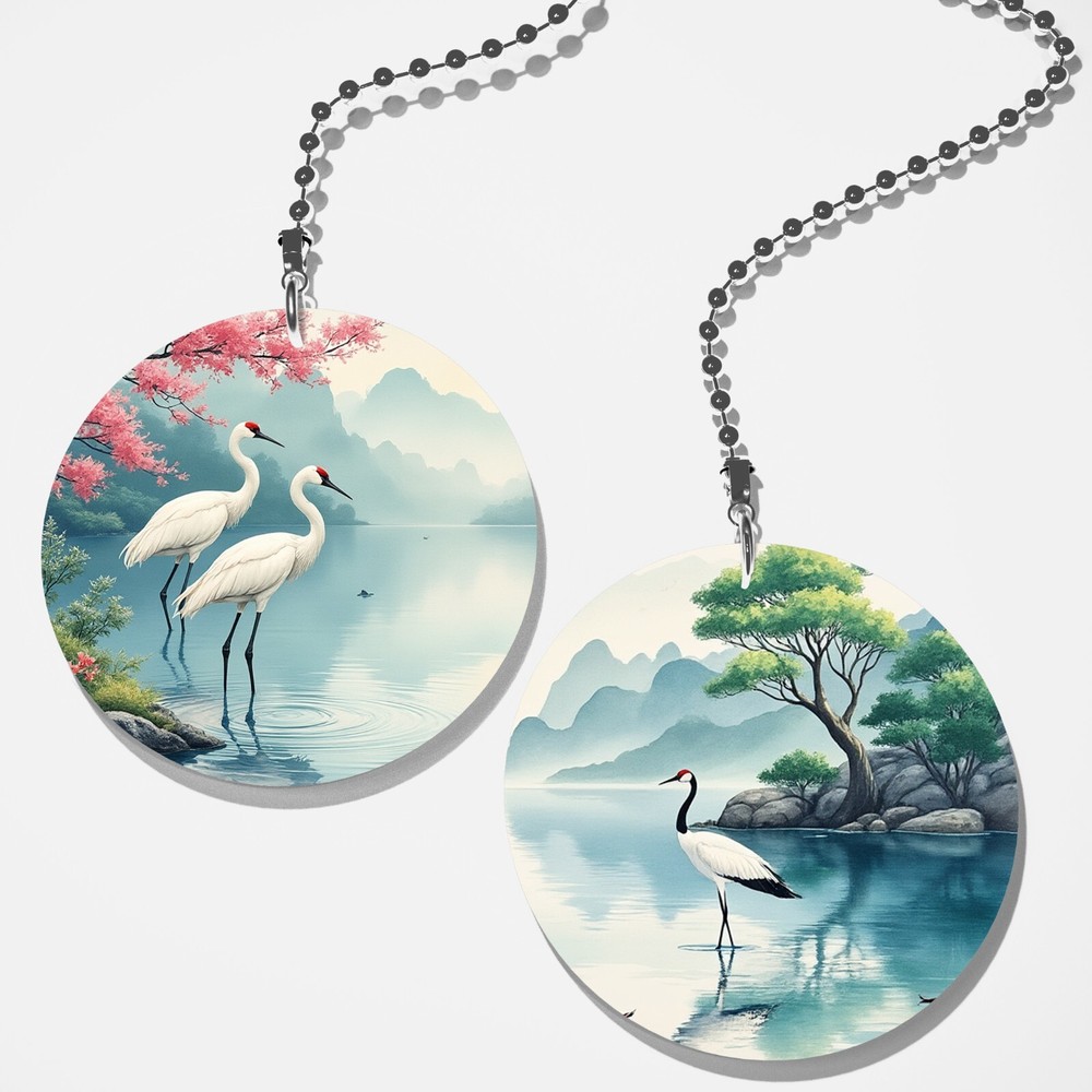 Set of 2 Coordinating Asian Cranes Fan Pull / Light Pull