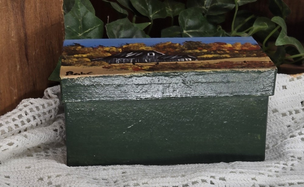 paper mache rectangular box w/ fall barn (26019) hand painted