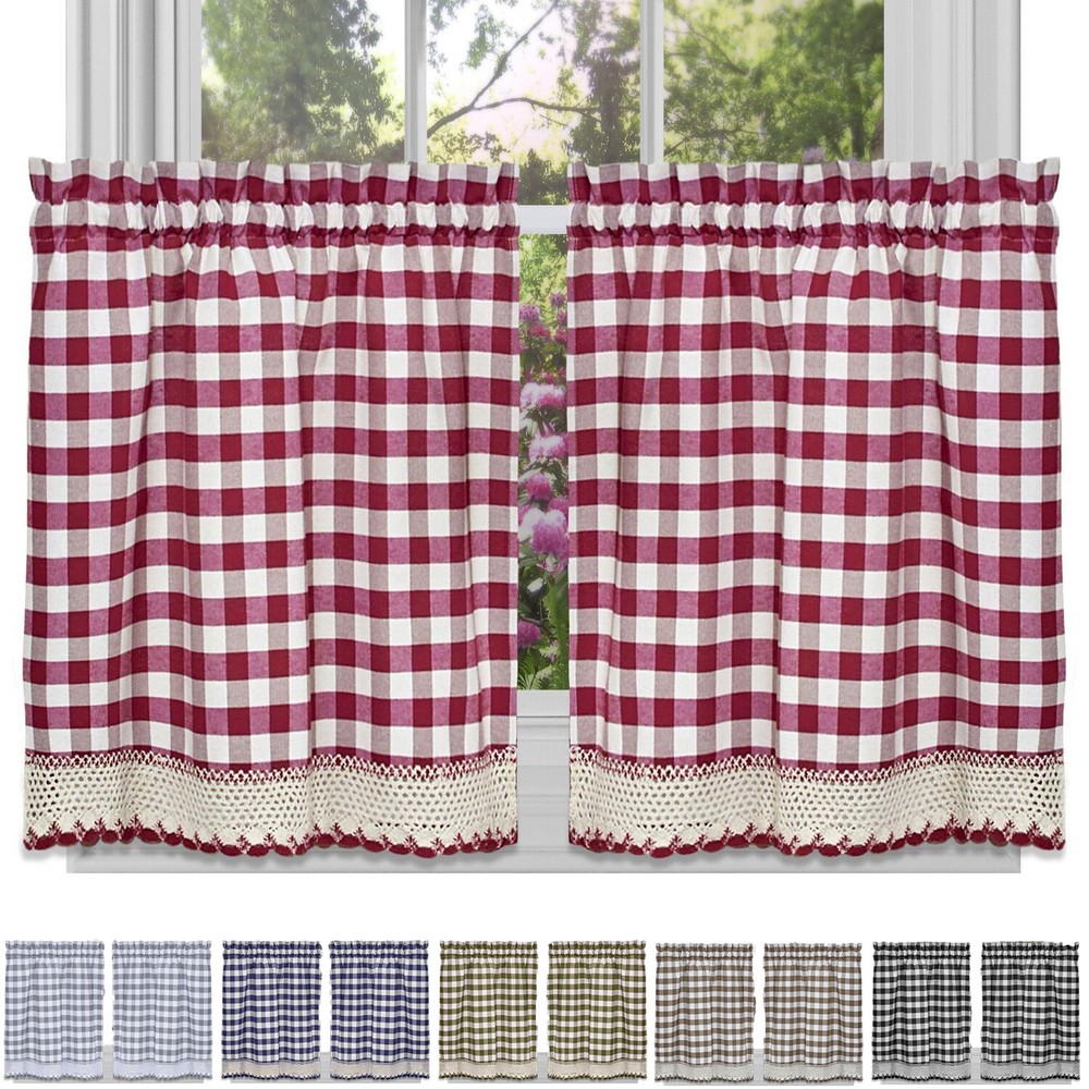 Window Curtain Tier Pair Pack Set Checked Plaid Gingham Kitchen Panel 58" x 24"