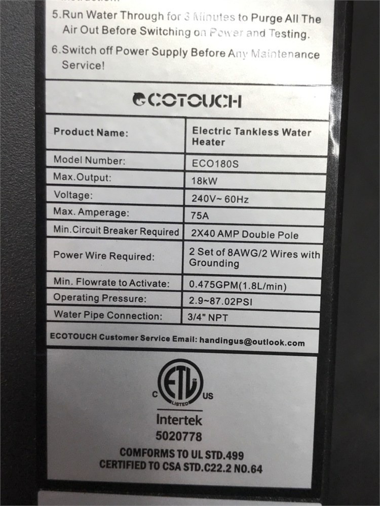 EcoTouch ECO180S Tankless Water Heater 18kW 240V On Demand Wall Mount