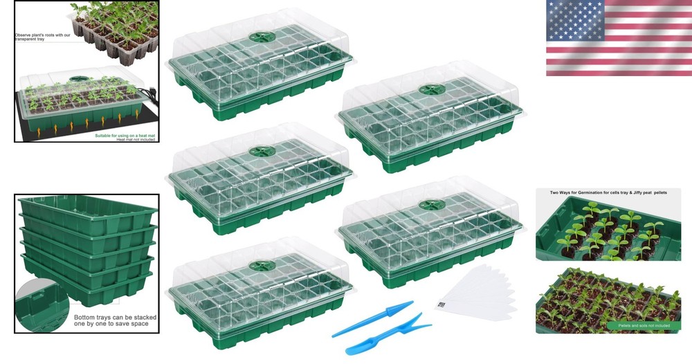 Stackable Seedling Starter Tray Kit, 5-Pack with Humidity Control Domes - Green