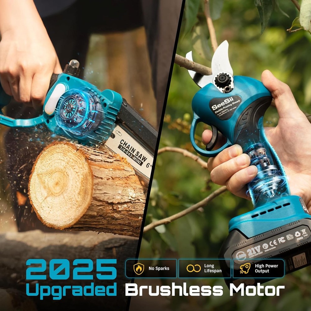 SEESII Mini Chainsaw & Pruning Shears Combo Kit 1.3" Pruner 6" Saw 2x2000mah