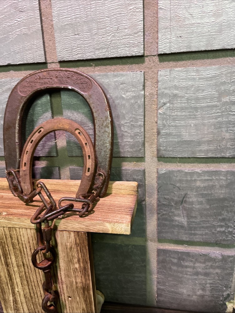 Diamond brand pitching horseshoes mounted as rustic wall decor.