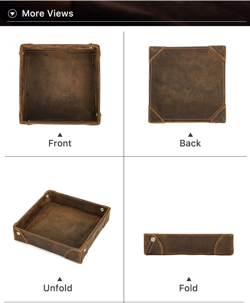 Crazy Horse Leather Handmade Square Tray Storage Box for Desktop