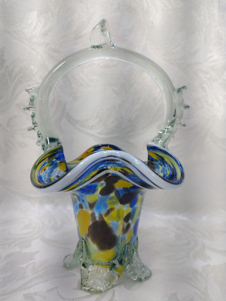 Hand Blown Multi Colored Glass Footed Basket 6.5” Tall