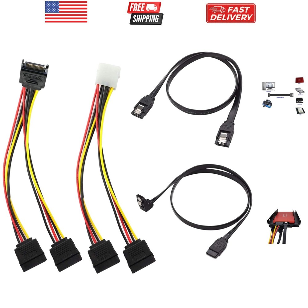 SATA Data Cable & 15 Pin Power Splitter Cable 4 Pack - 6.0 Gbps High-Speed Da...
