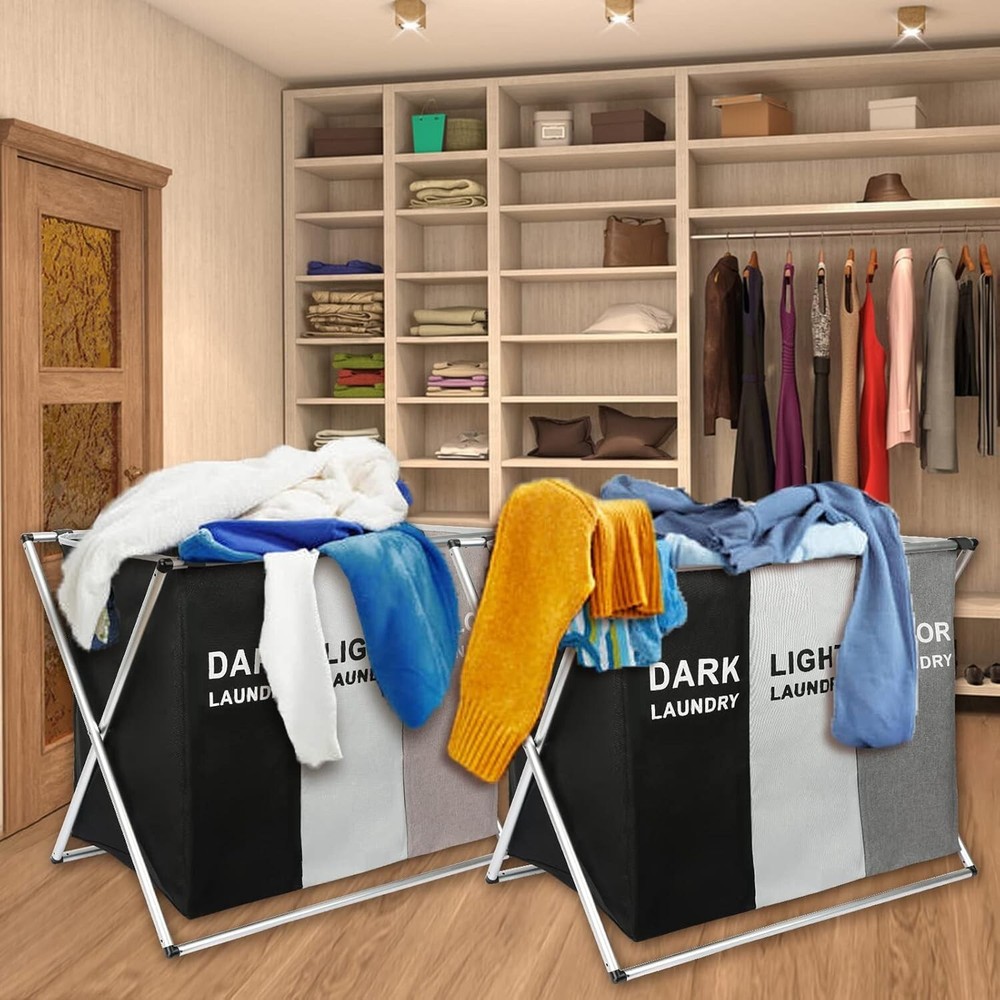 Large Laundry Basket 3 Section Foldable Dirty Clothes Hamper Storage Sorter Bag
