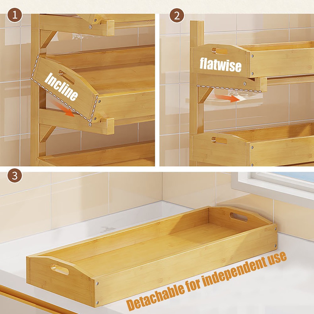 4-Tier Bamboo Storage Rack w/Removable Trays Kitchen Fruit Snack Organizer Shelf