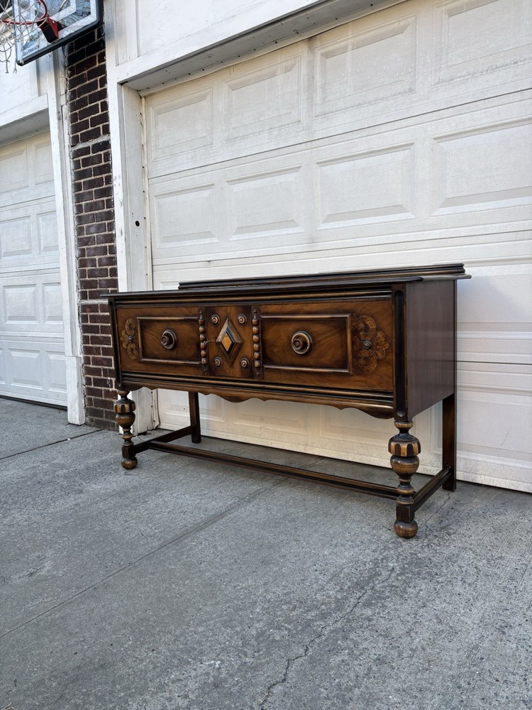 Antique Walnut Jacobean Revival Sideboard Buffet Server Console Cabinet
