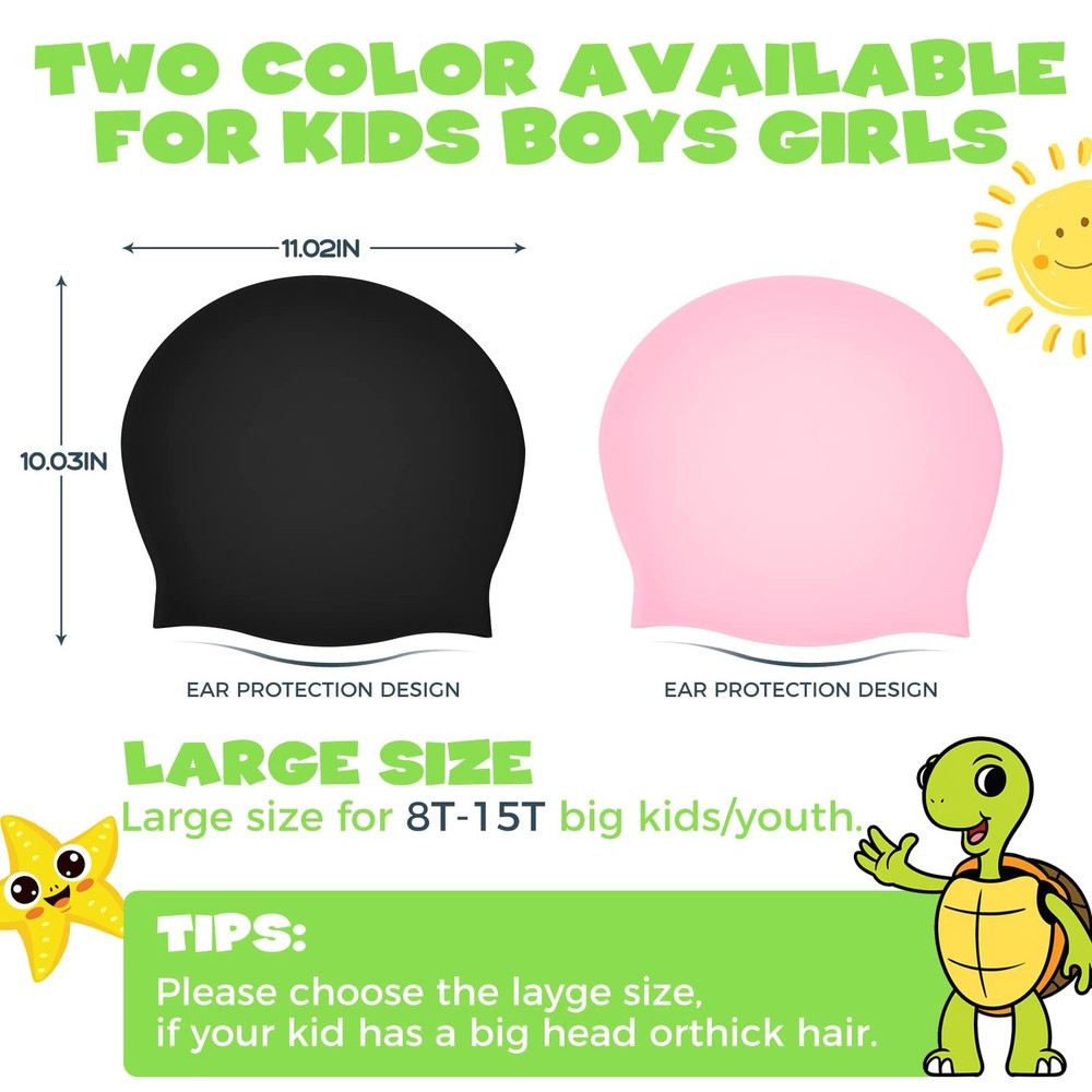 YOGINGO 2 Pack Extra Large Swim Cap Kids - for Medium, 2 pack black + pink