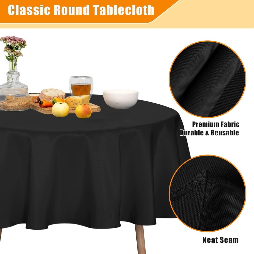 60 Inch Round Black Polyester Tablecloth, washable any occassion