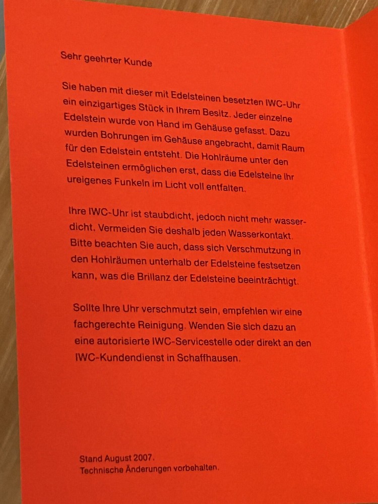 Authentic IWC Important Operating Instructions Note Regarding Dust and Water NOS