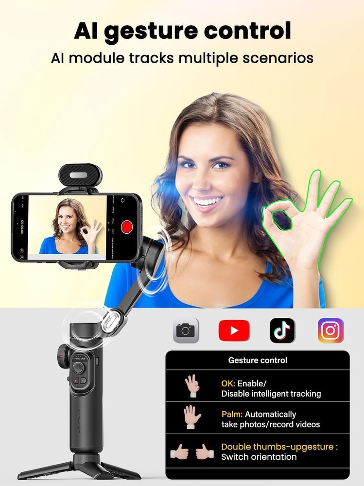 Foldable Gimbal Stabilizer for iPhone Android, Smart XE AI Tracking, 3-Axis