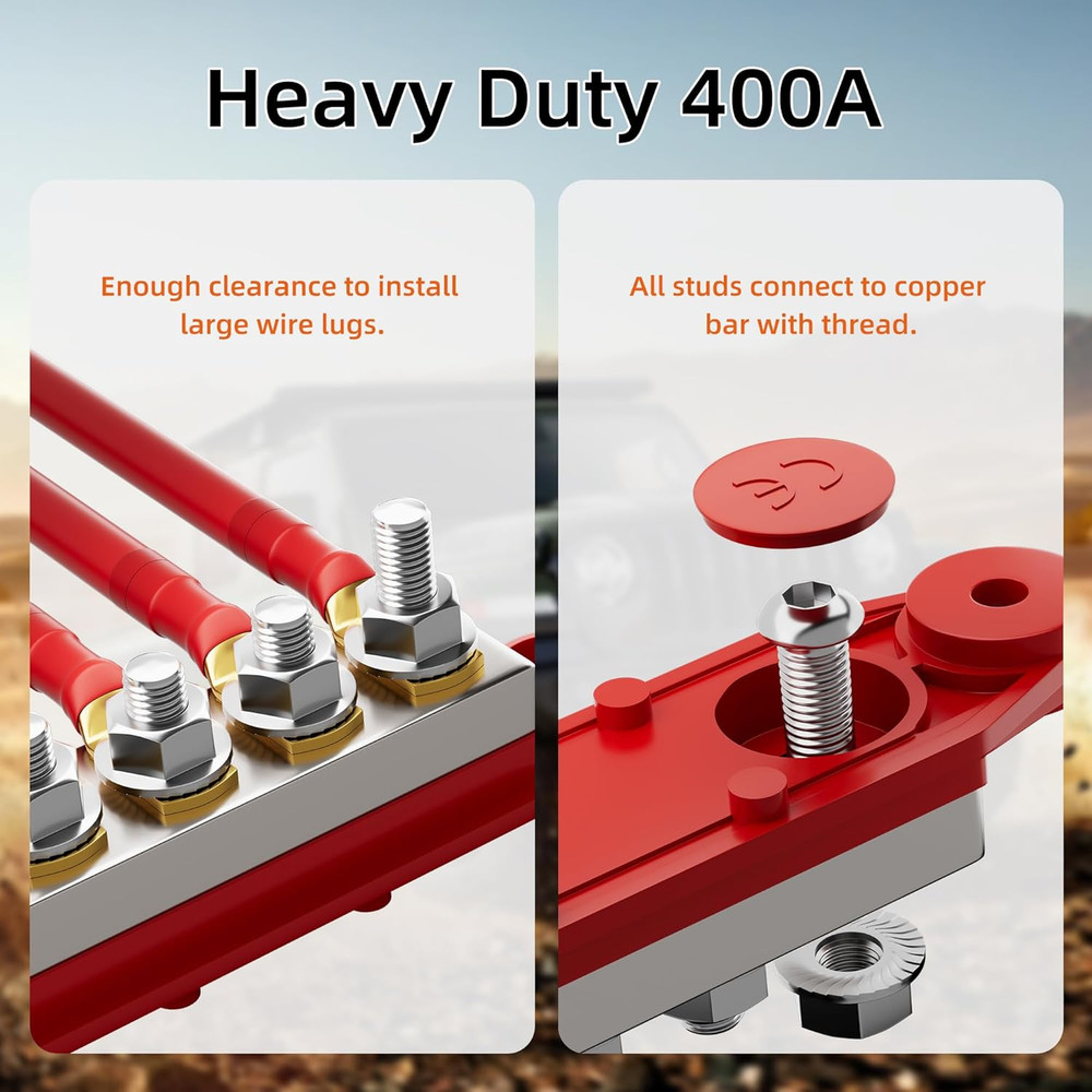 400A 12V Bus Bar Power Block – 6-Terminal Studs for Marine, Auto & Solar