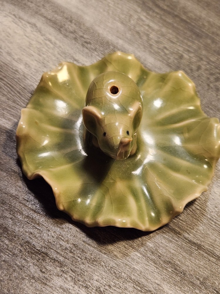 Elephant On Leaf Green Ceramic Incense Burner Holder or Ring Holder