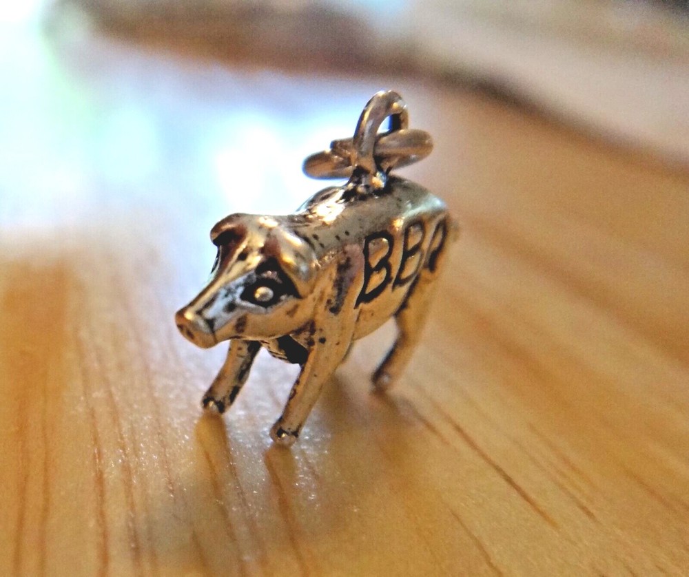 Sterling Silver 3D 12x19mm Solid Pig Hog Pork says BBQ Charm