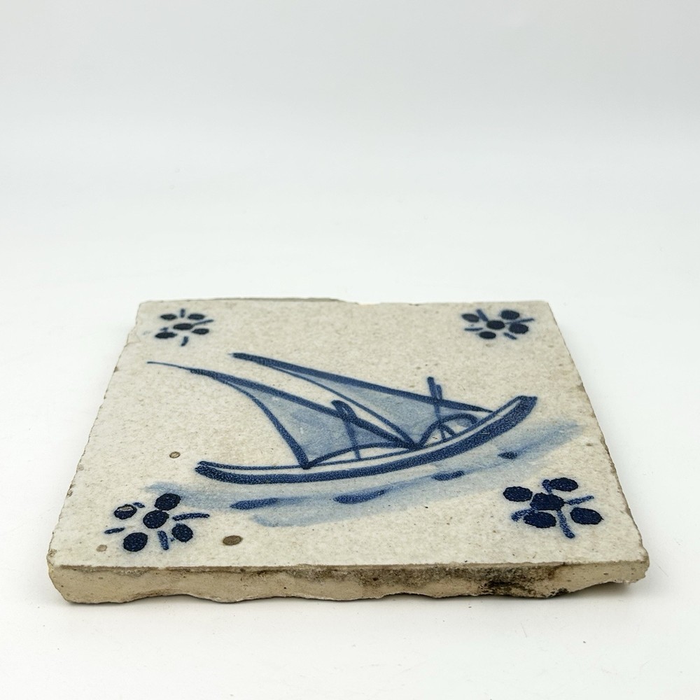 Antique Delft Clipper Ship Blue Hand Painted Tile