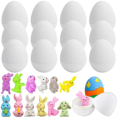12 Pcs Paper Mache Easter Eggs with 12 Pcs Bunny, White Easter Craft Egg