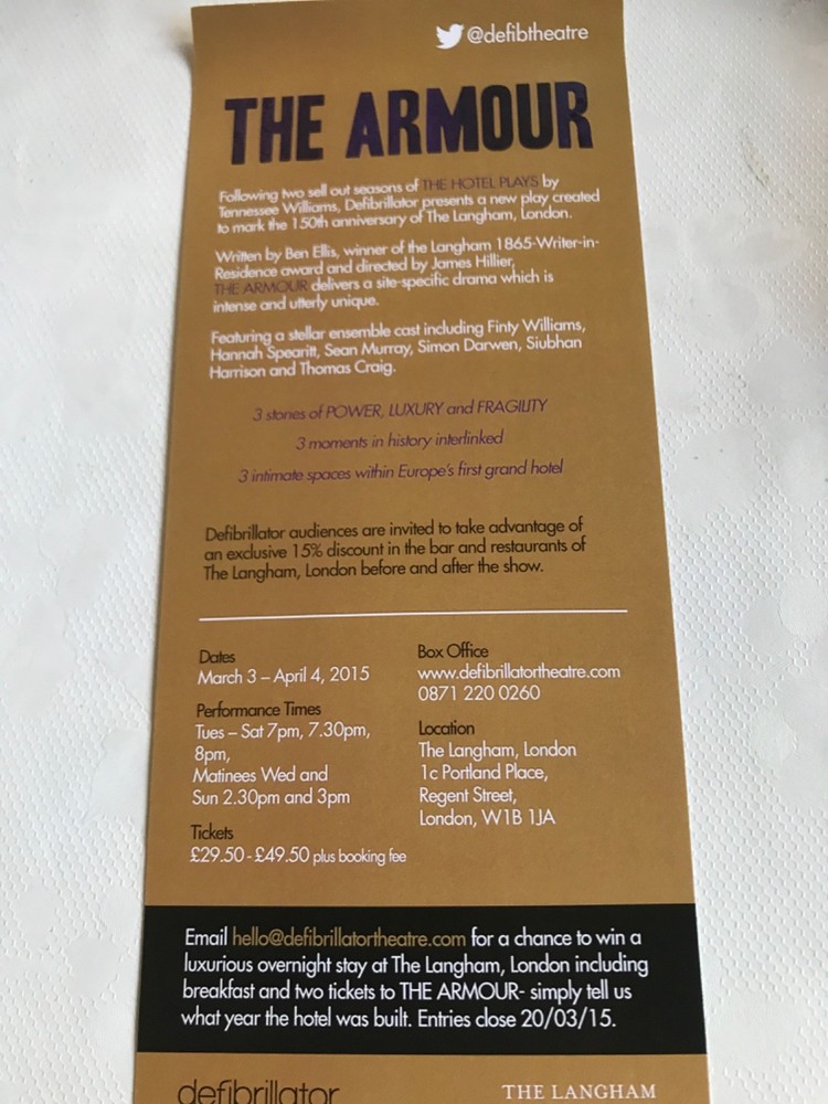 2015 THE ARMOUR by Ben Ellis- script/programme Langham Theatre