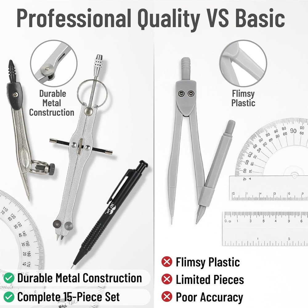 Classic Slate Geometry Set - 15 Essential Pieces Including Protractor & Divider
