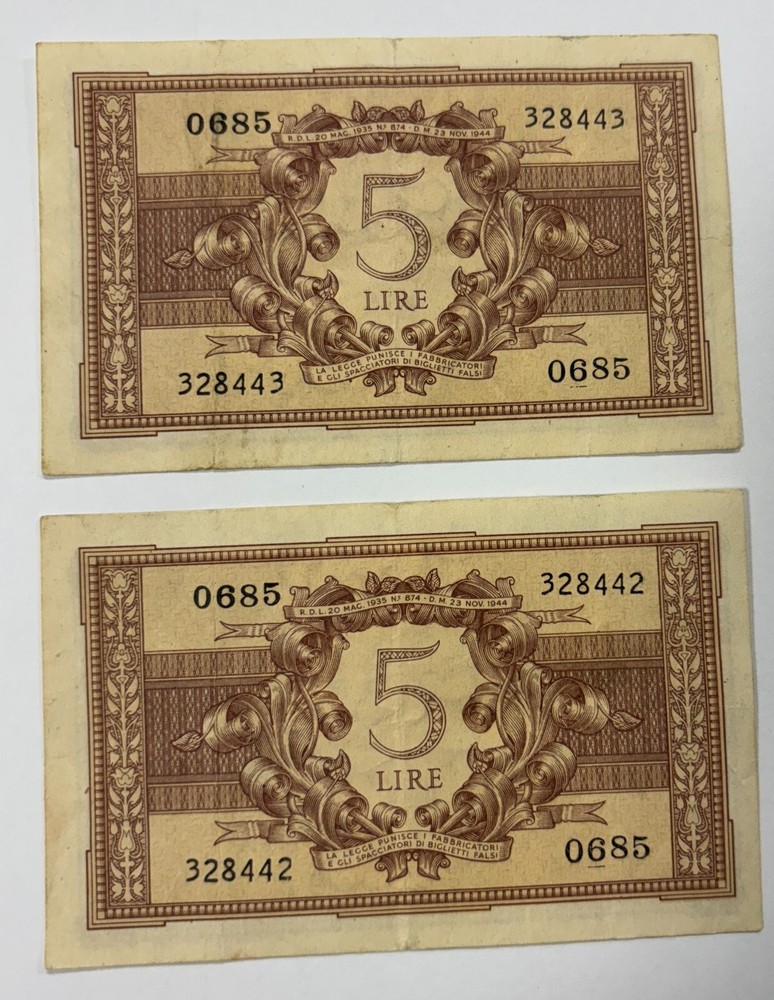 Italy two 5 Lire 1944 Banknotes consecutively numbered