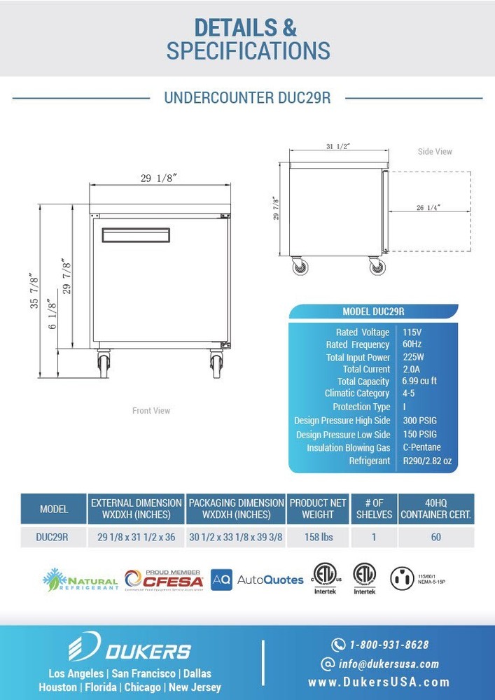DUKERS DUC29R, 1-Door UNDER COUNTER REFRIGERATOR