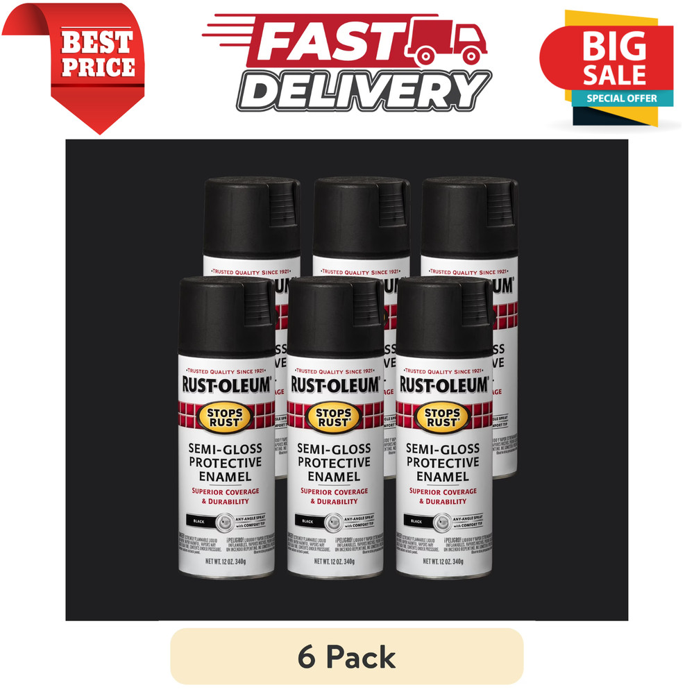 6 Pack Rust Oleum Black Semi Gloss Protective Enamel Spray Paint Stops Rust 12oz