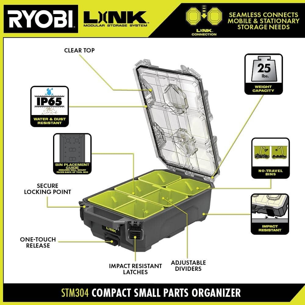 Small Parts Organizer Ryobi Link 6, 10 Compartment Tool Box Modular Case System