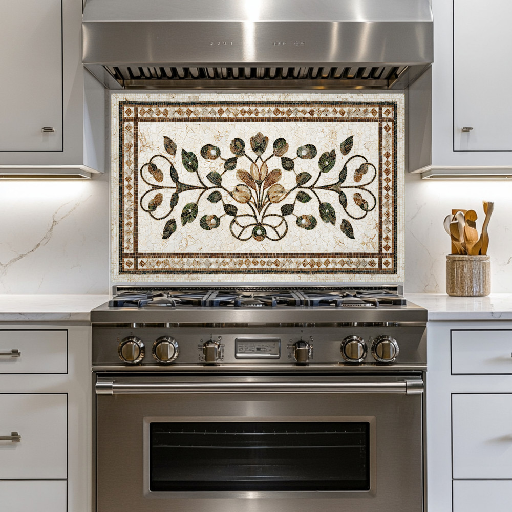 Mediterranean Mosaic Look Glass Backsplash Panel–Olive Branch Kitchen Backspla