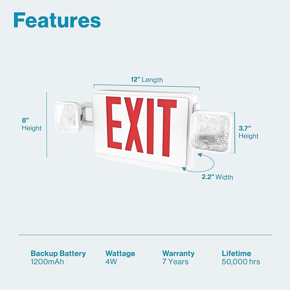 2 Pack LED Exit Sign Emergency Light–Hi Output Compact Combo UL listed Red