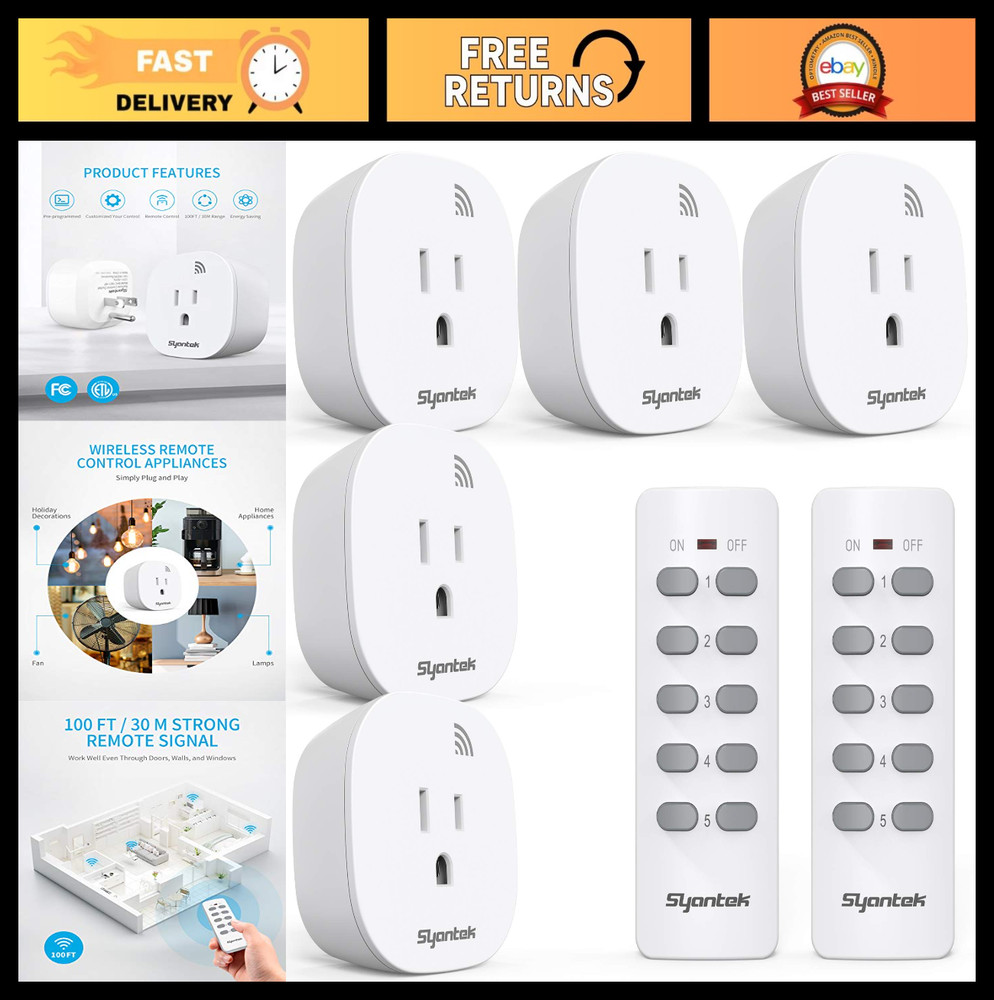 Wireless Remote Control Outlet Switch Kit, 5 Outlets + 2 Remotes, 100 ft Range,