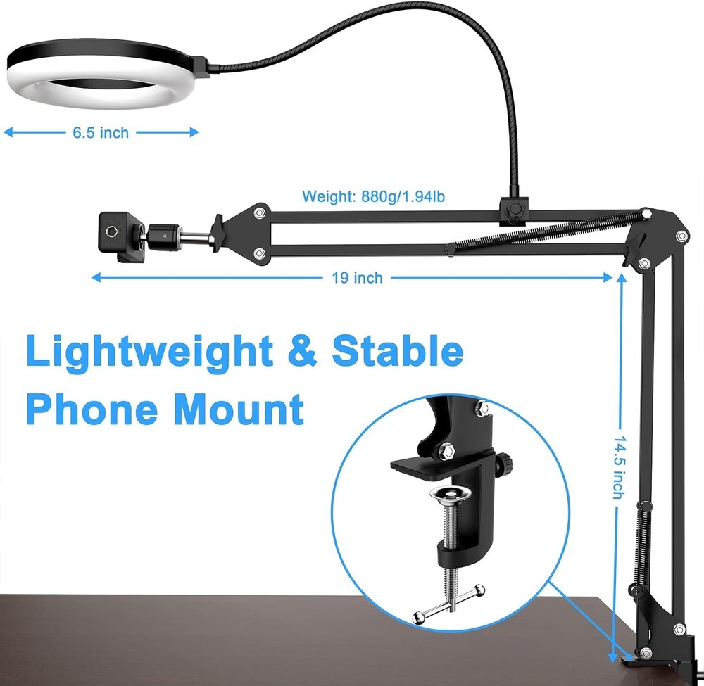 Overhead Camera Mount with Ring Light, 6‘’ Phone 6Light