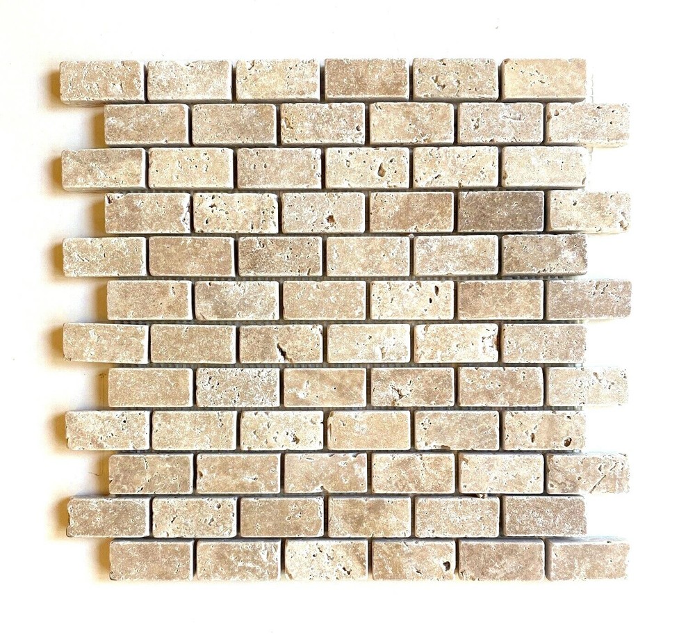 1X2 Walnut Tumbled Rounded Edge Travertine Mosaic Tile Backsplash (1 sqft)