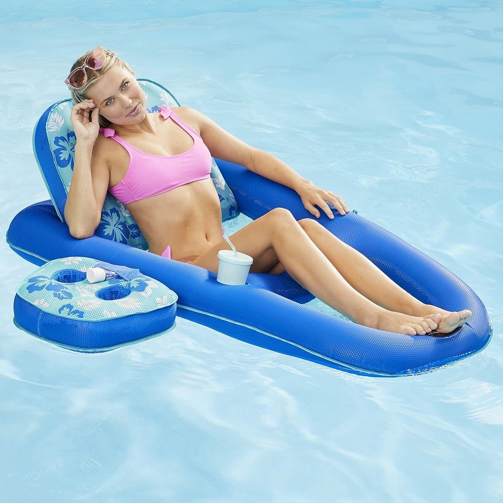 Adjustable Backrest Pool Float for Adults - Teal Hibiscus