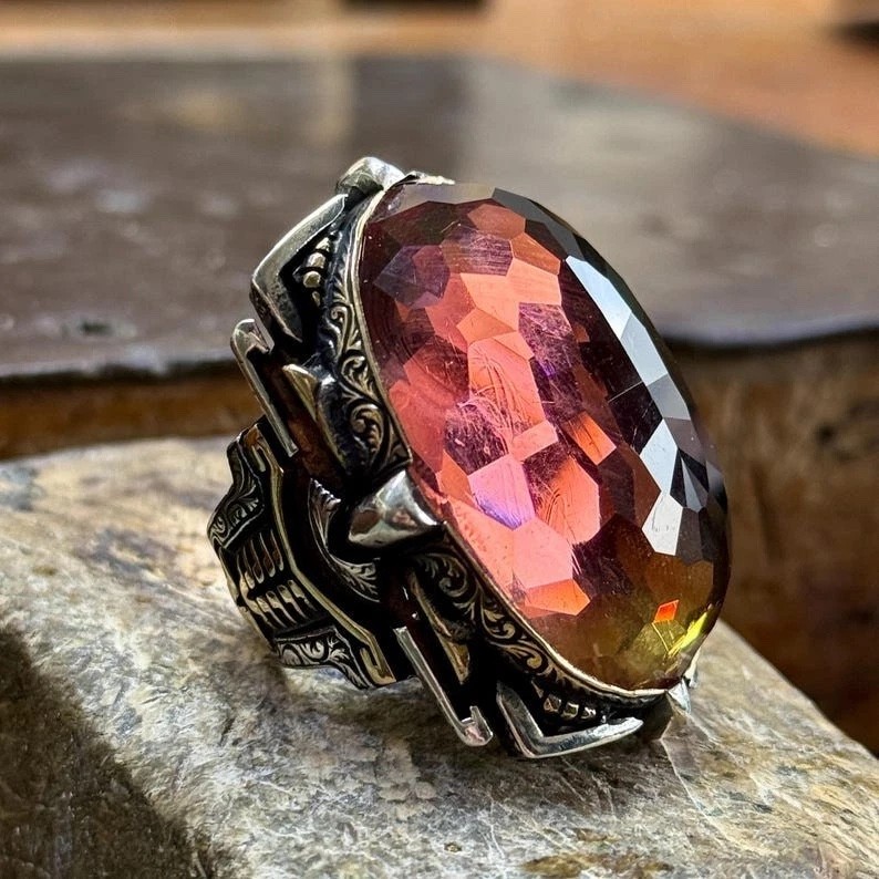 Men 925 Silver Large Zultanite Ottoman Style Large Ring